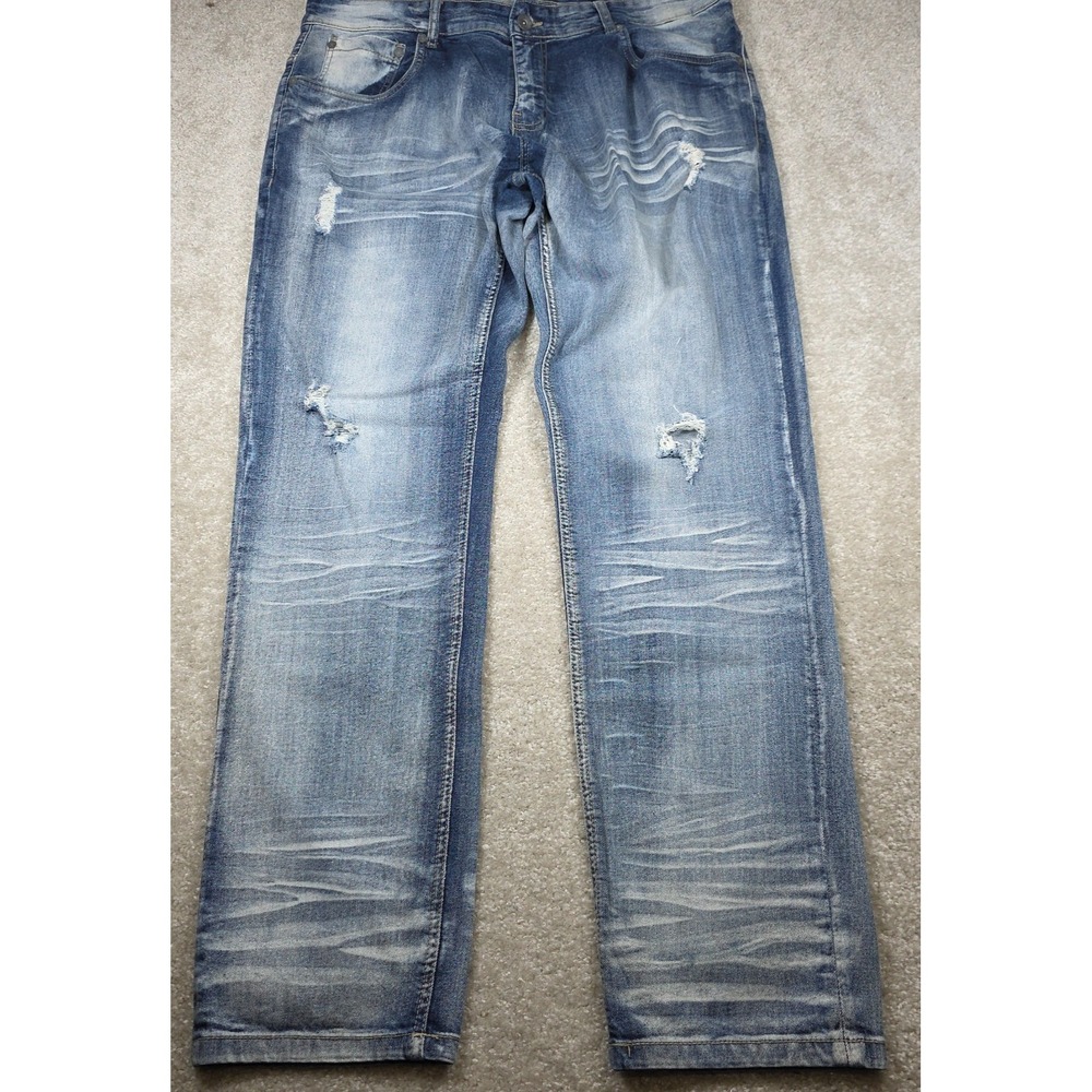 Copper Rivet Slim Fit Jeans Mens 38x32 Blue Distressed Whiskered Denim Pants